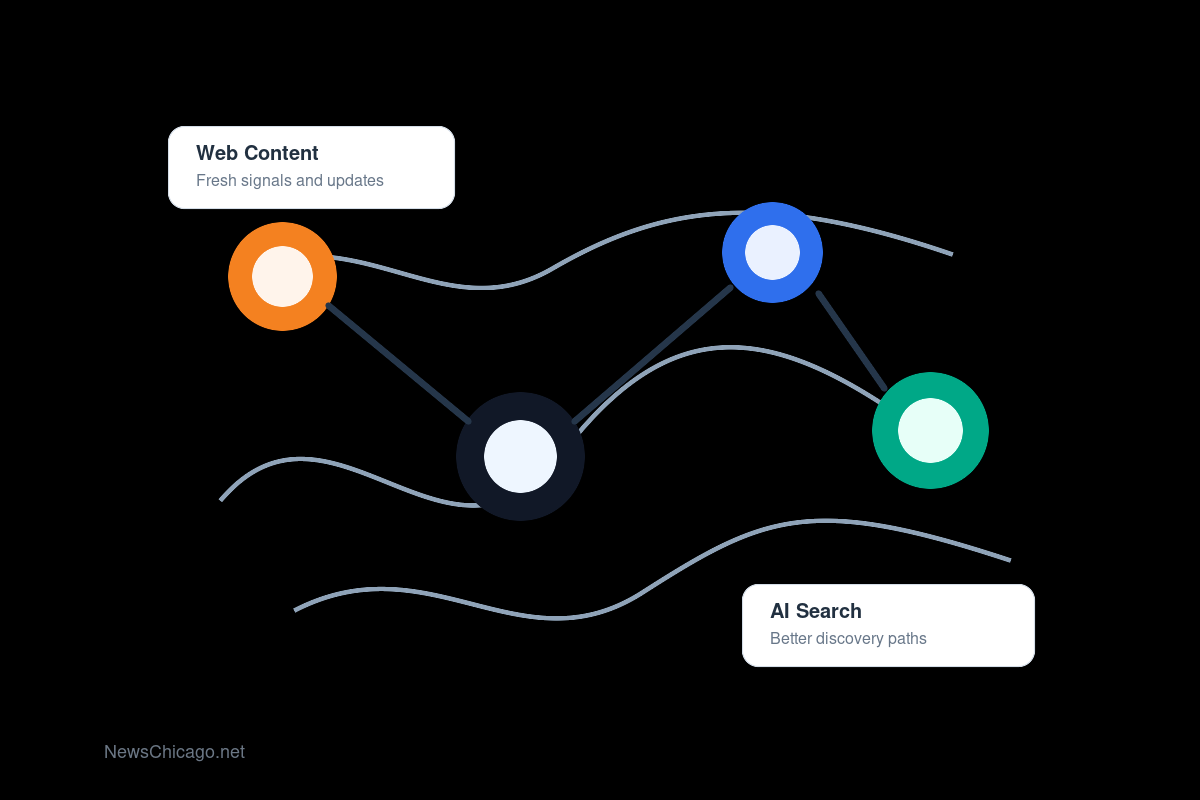 Editorial graphic showing web content signals flowing into AI search discovery systems