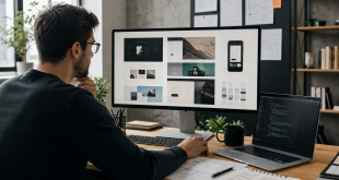 Developer reviewing website portfolio examples and responsive layouts
