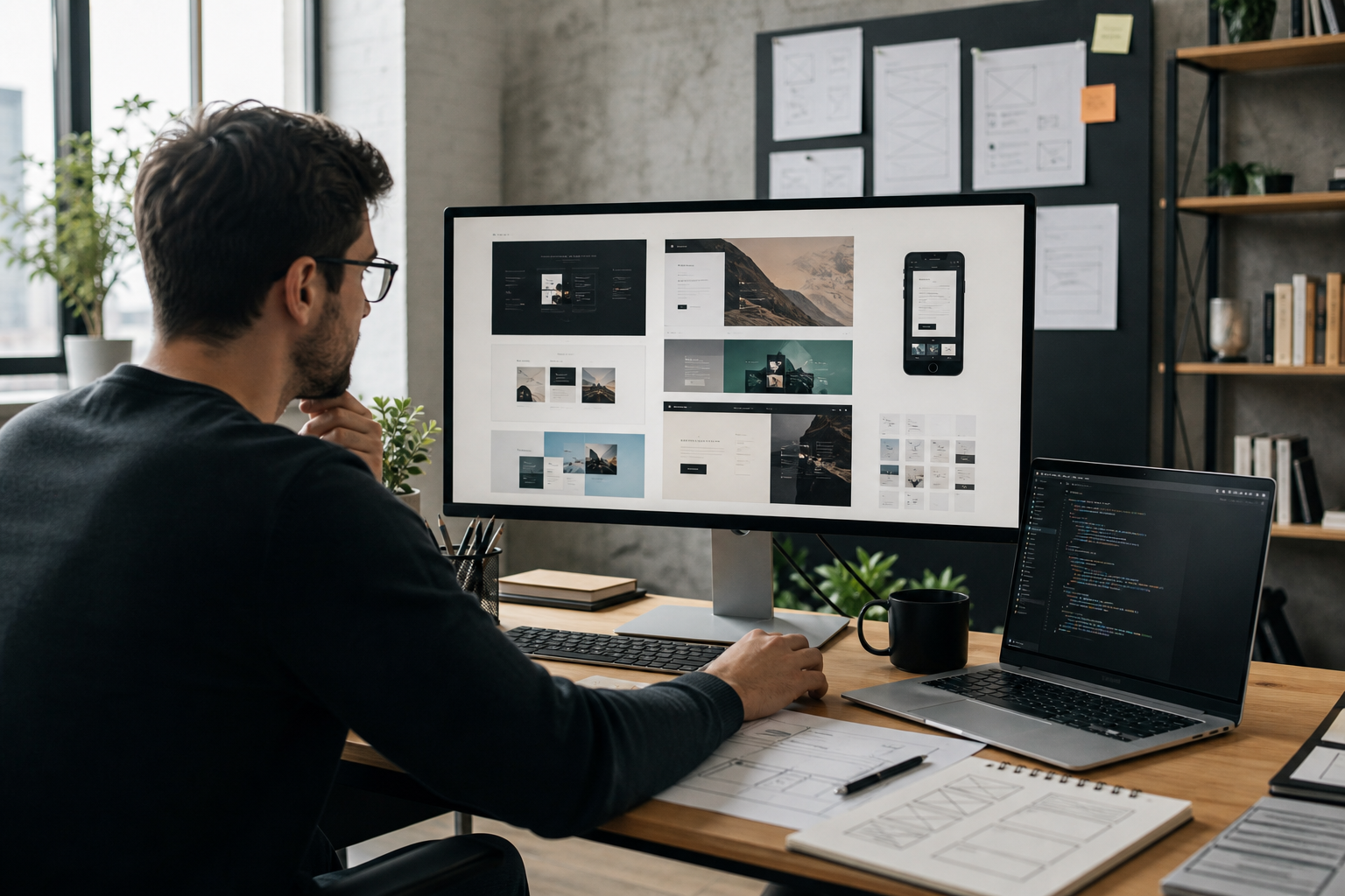 Developer reviewing website portfolio examples and responsive layouts