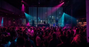 Chicago nightclub dance floor with a DJ booth and colorful stage lights for a Lollapalooza afterparty article