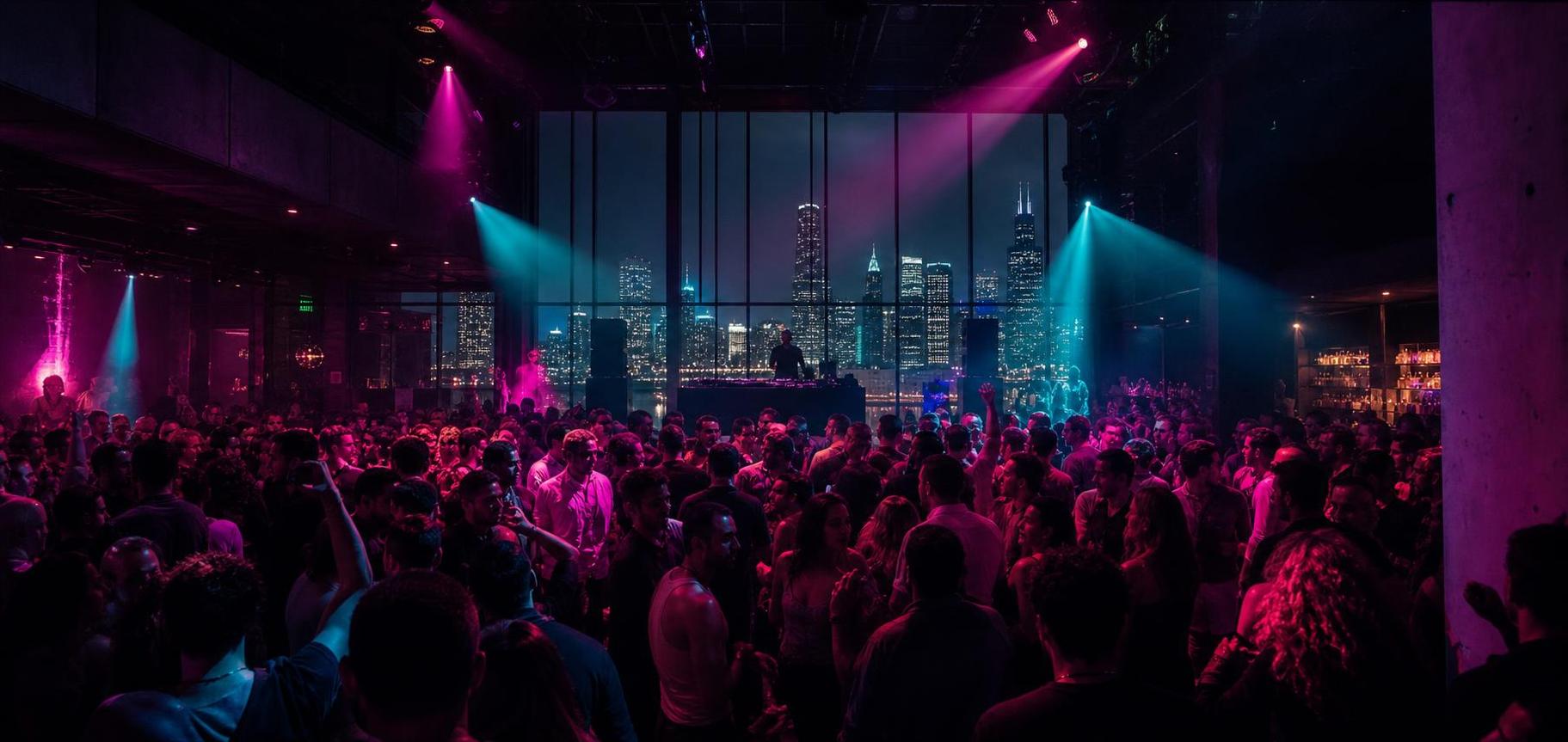 Chicago nightclub dance floor with a DJ booth and colorful stage lights for a Lollapalooza afterparty article