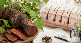 Fo Ti root, botanical leaves, lab glassware, and a hair follicle model illustrating hair-loss research