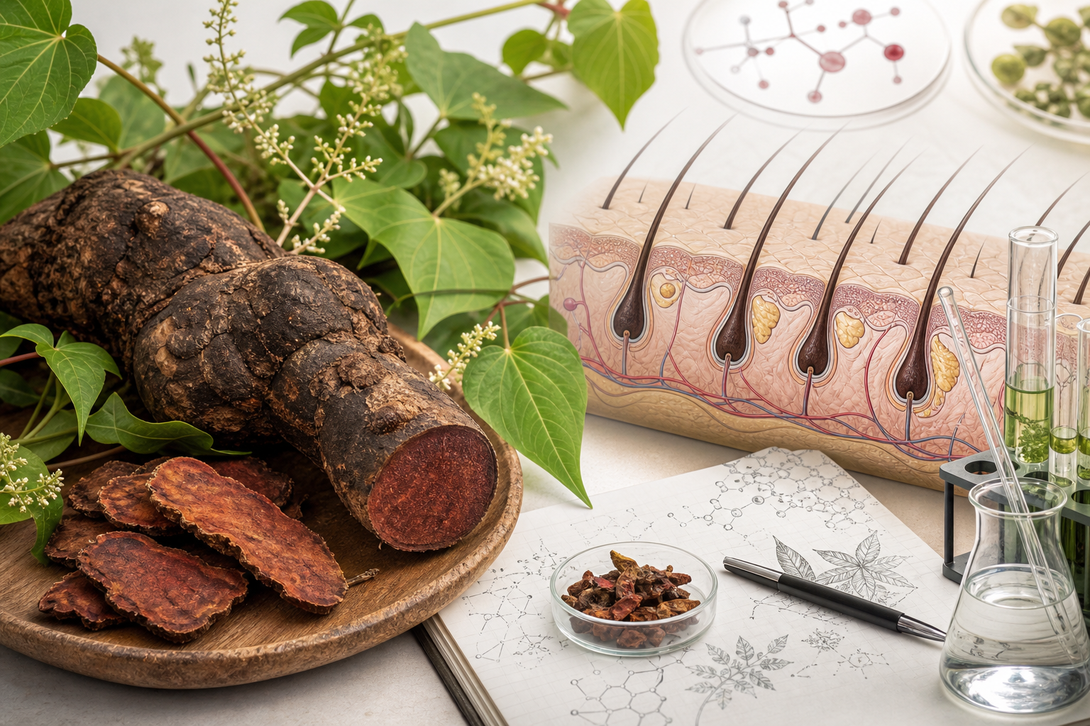 Fo Ti root, botanical leaves, lab glassware, and a hair follicle model illustrating hair-loss research