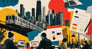 Risograph collage of Chicago freelance workers, laptops, invoices, CTA lines, and the city skyline