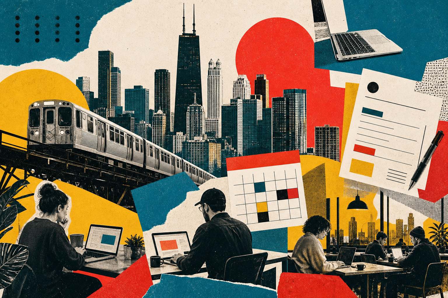 Risograph collage of Chicago freelance workers, laptops, invoices, CTA lines, and the city skyline