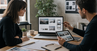 Professional website designer presenting responsive website layouts to a business client