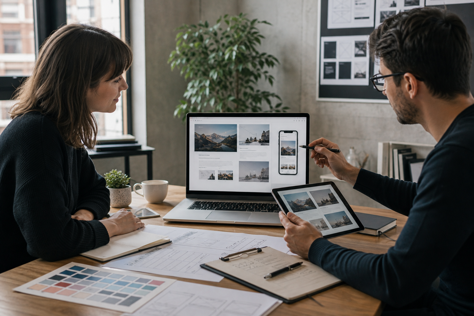 Professional website designer presenting responsive website layouts to a business client