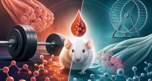 Editorial science illustration of weightlifting, muscle fibers, glucose molecules, and a running wheel for exercise and blood sugar research