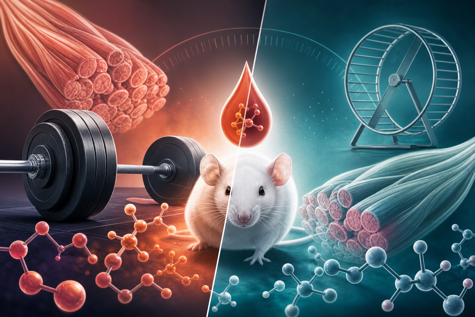Editorial science illustration of weightlifting, muscle fibers, glucose molecules, and a running wheel for exercise and blood sugar research