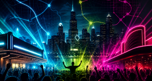 Editorial image of Chicago nightlife, electronic music crowds, DJ lights, and skyline route lines