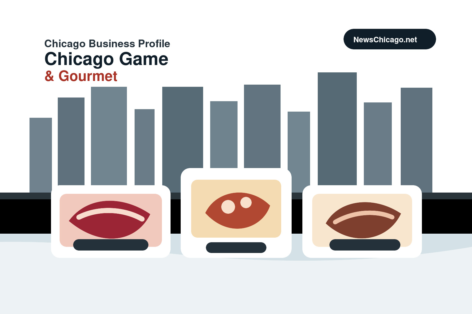 Illustration of specialty meats on a butcher counter with the Chicago skyline for a Chicago Game and Gourmet business profile