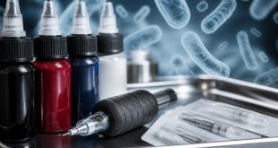 Editorial image of tattoo ink bottles, sterile tattoo needles, and microscopic bacteria shapes