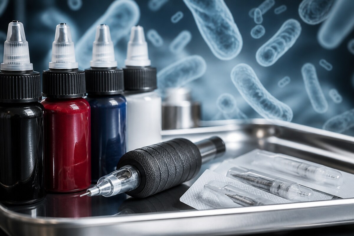 Editorial image of tattoo ink bottles, sterile tattoo needles, and microscopic bacteria shapes