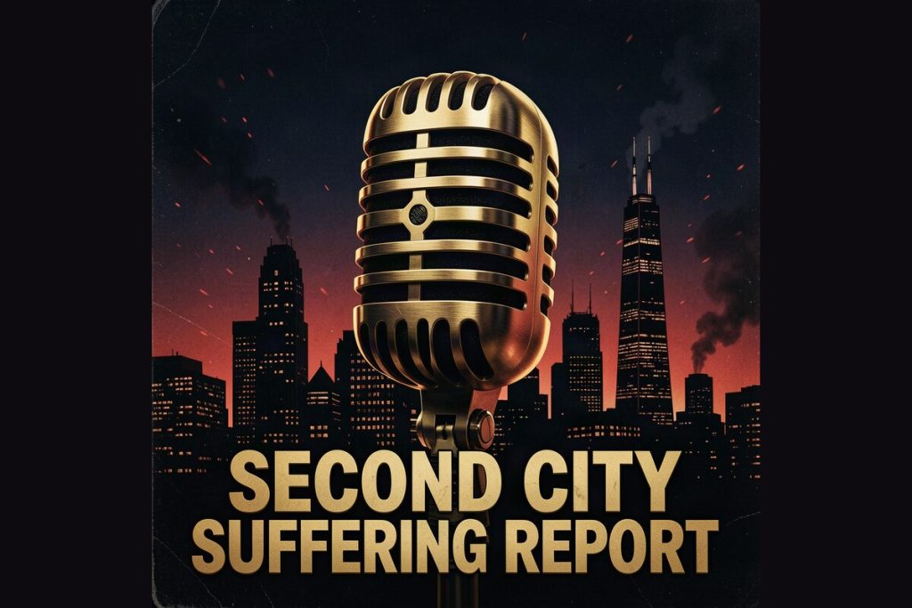 Second City Suffering Report podcast cover: a gold microphone in front of the Chicago skyline