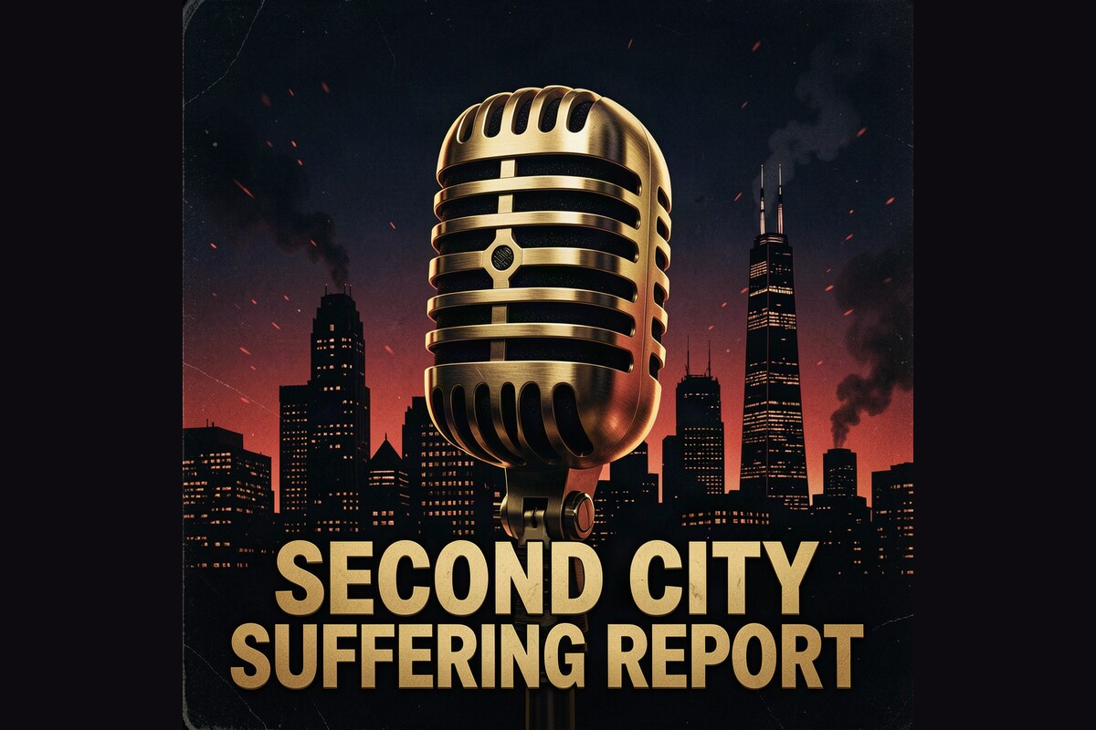 Second City Suffering Report podcast cover: a gold microphone in front of the Chicago skyline